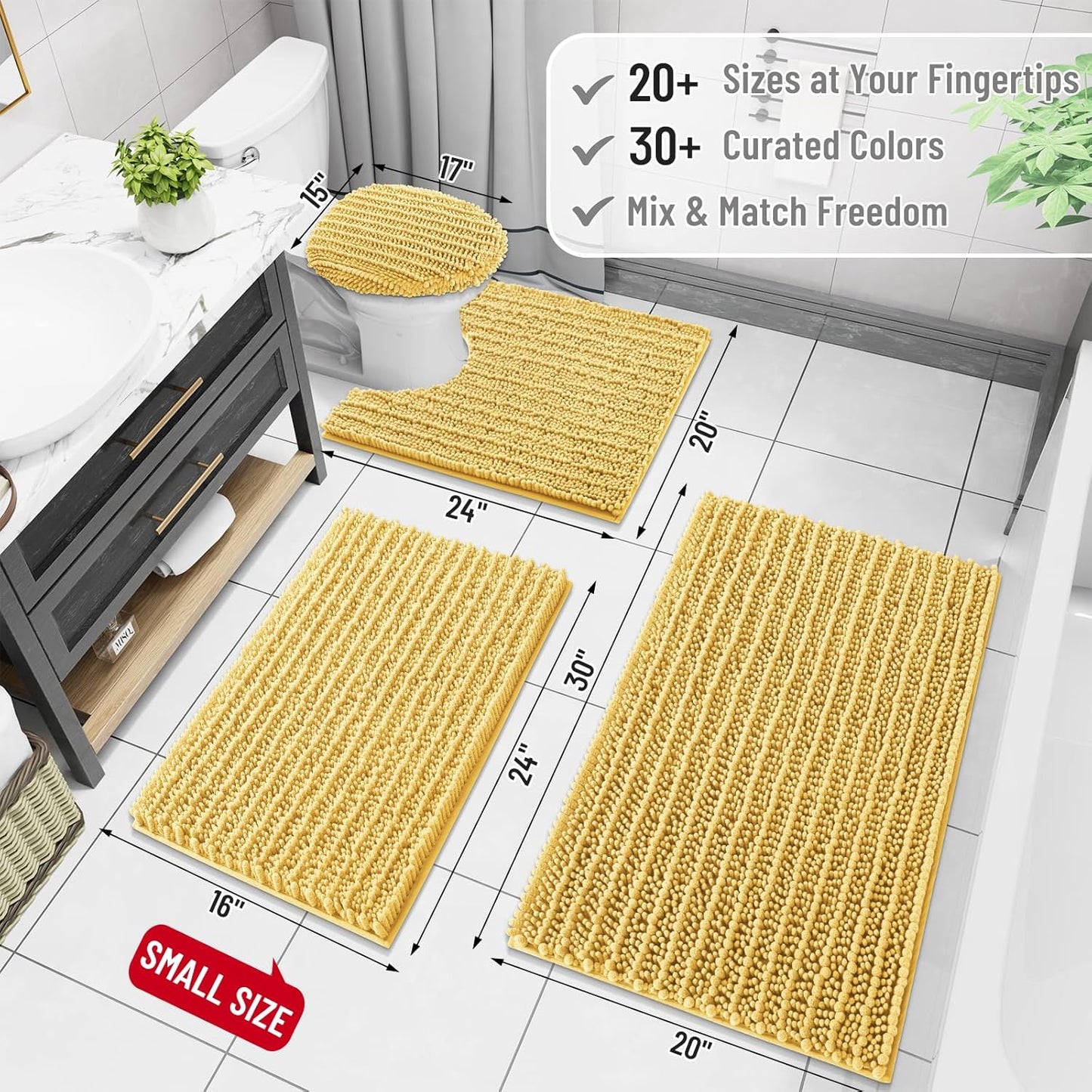 Arotive Luxury Chenille Bathroom Rug Mat, Extra Soft Thick Absorbent Shaggy Bath Rugs, Non-Slip Machine Wash Dry, Plush Bath Mats for Bathroom, Shower and Tub, 54x24, Yellow