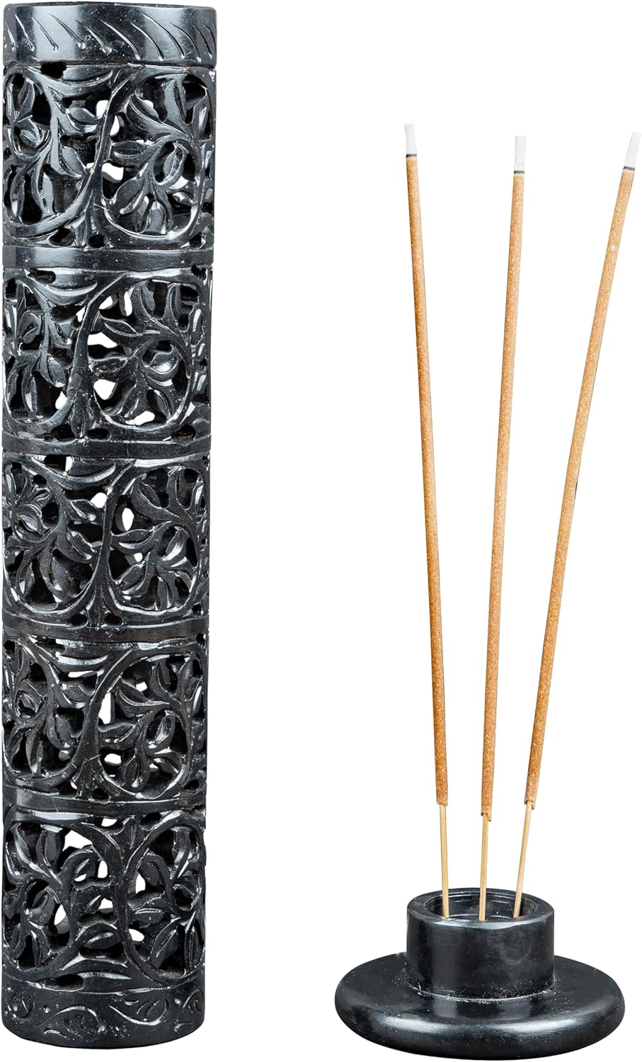 Crocon Handmade Black Marble Soapstone Incense Stick Burner Round Shape Elephant Tower Burner | Incense Cone & Candle Stick Holder | Decorative Home & Kitchen | Living Room Decor | Best Gift Set