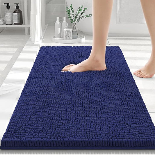 Smiry Luxury Chenille Bathroom Rugs 30x20, Extra Soft and Absorbent Shaggy Bath Mat, Machine Washable, Non-Slip Plush Carpet Runner for Tub, Shower, and Floor, Home Decor Accessories, Deep Blue