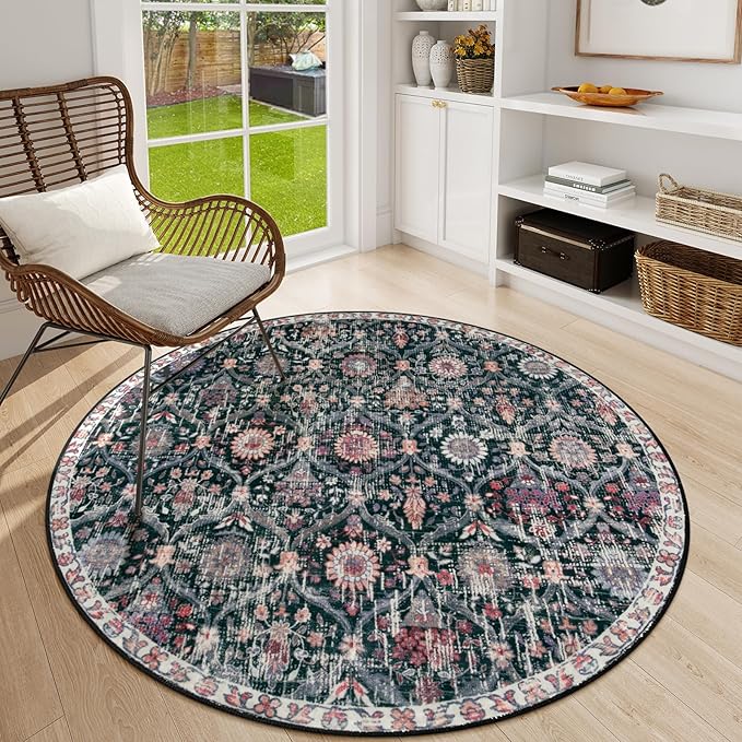 Lahome Moroccan Trellis Washable Round Rugs, Non-Slip Soft Round Rug 4ft Ultra-Thin, Small Vintage Circle Carpet for Entryway Kitchen Bedroom Nursery Bathroom, Black/Multi