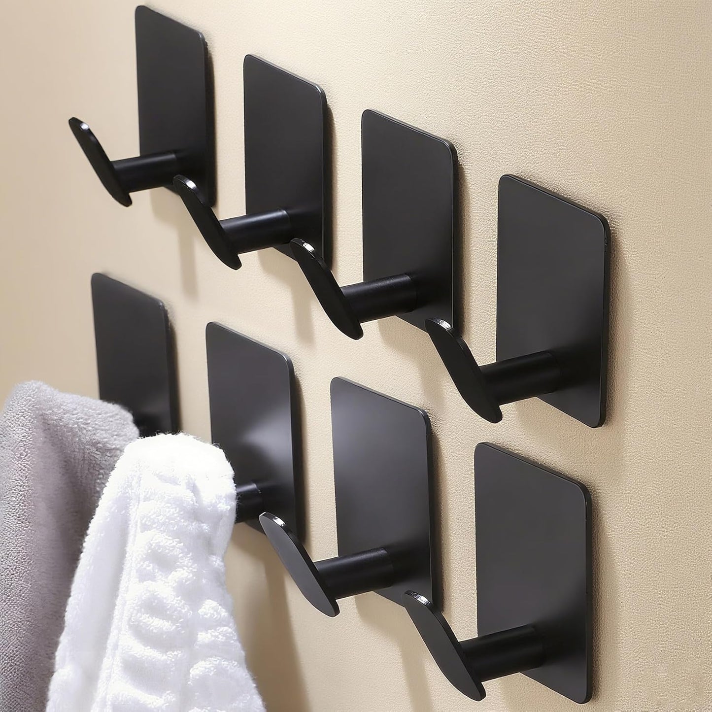 DELITON 8 Pack Adhesive Towel Hooks - Bathroom Towel/Wall Hooks for Hanging Coat Robe Stick on Bathroom or Kitchen Matte Black Stainless Steel