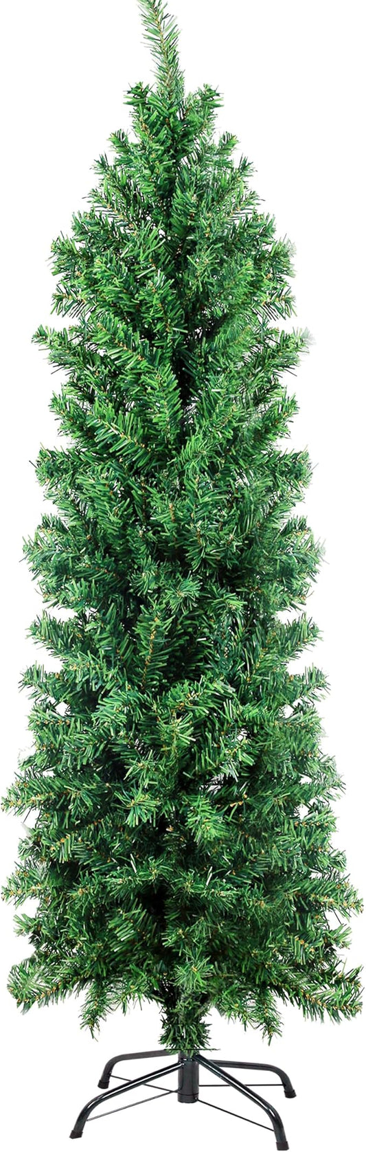 Suunyglade 5.5FT Green Artificial Christmas Tree, Premium Hinged Pine Tree with Solid Foldable Metal Legs, Pencil Shape Christmas Tree Perfect for Home, Shops and Holiday Decoration