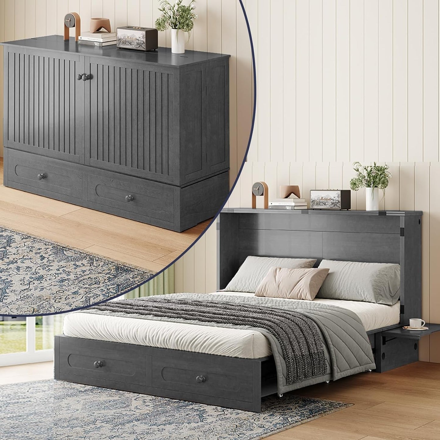 ijuicy Murphy Bed Queen Size with Foam Mattress, Side Storage Board, Cabinet Bed with Charging Station Large Storage Drawer for Space-Saving Room, Foldable Hideaway Bed Queen-Grey