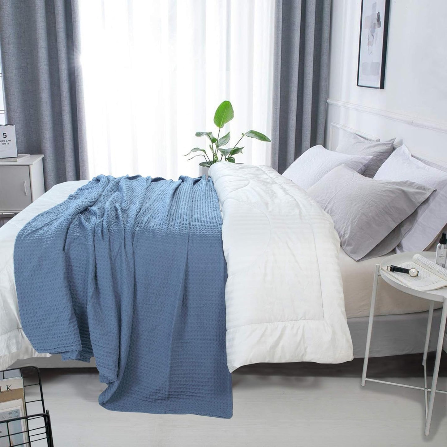 HILLFAIR 100% Combed Cotton Blanket–102x108 Inch California King Size Bed Blankets– Warm Soft All Season Breathable Blankets– Extra Large Oversized California King Blanket- Sky Blue Cotton Blankets