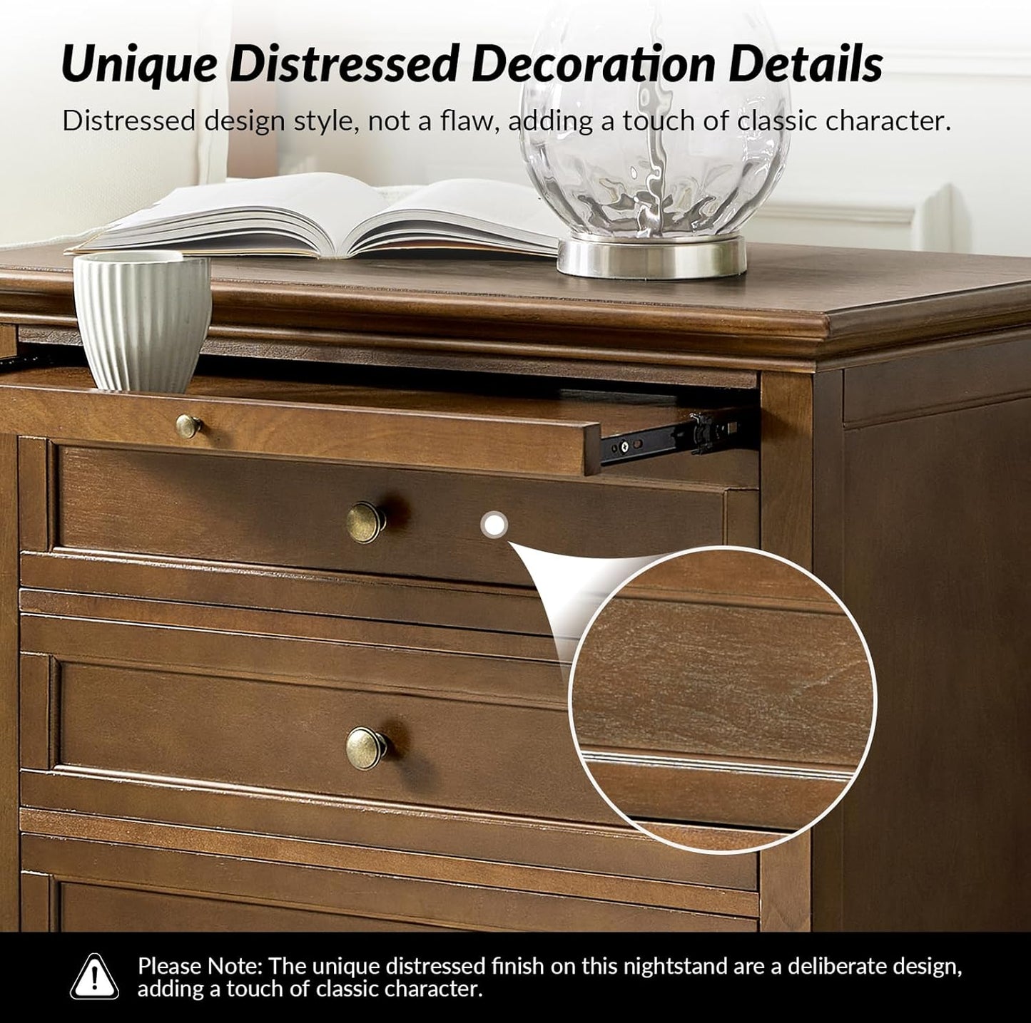 HULALA HOME Farmhouse 3 Drawer Nightstand with Tray, Drawer Organizer with Solid Wood Legs, Nightstand with Charging Station(Walnut)