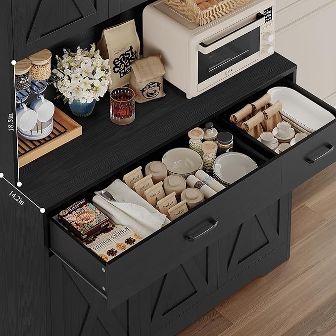 HOSTACK 71" Pantry Cabinet with Charging Station, Tall Kitchen Pantry Storage Cabinet with Microwave Stand, Farmhouse Kitchen Hutch with Storage Drawers for Living Room, Dining Room, Black Wood Grain