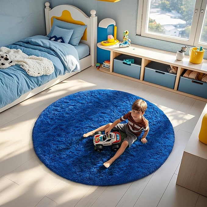 Ophanie Round Rug 5Ft Blue Circle Area Rug, Boys Room Decor, Fluffy Fuzzy Bedroom Carpet, Plush Soft Shaggy Living Room Rugs for Kids Home Decor Aesthetic, Nursery