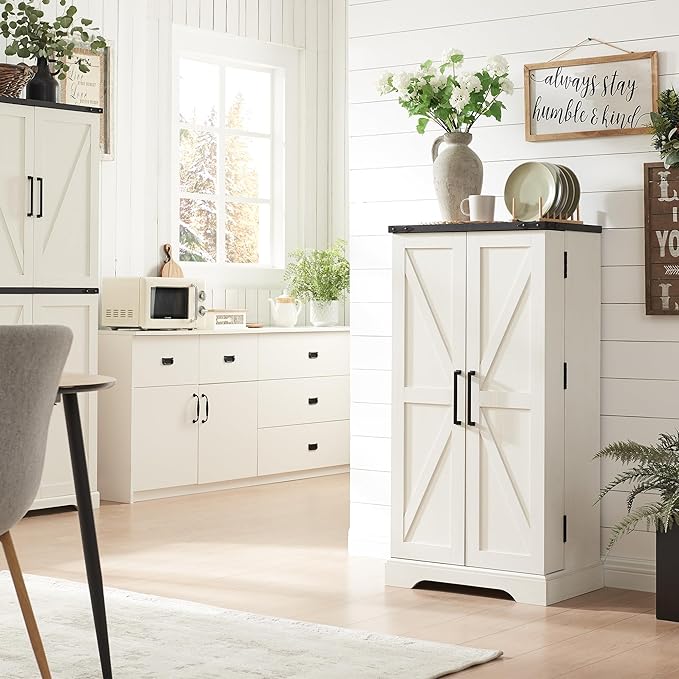 47" Kitchen Pantry, Farmhouse Storage Cabinet with Barn Doors, Organizer and Adjustable Shelves, Rustic Wood Cupboard for Kitchen, Dining Room, Bathroom and Hallway, Off White