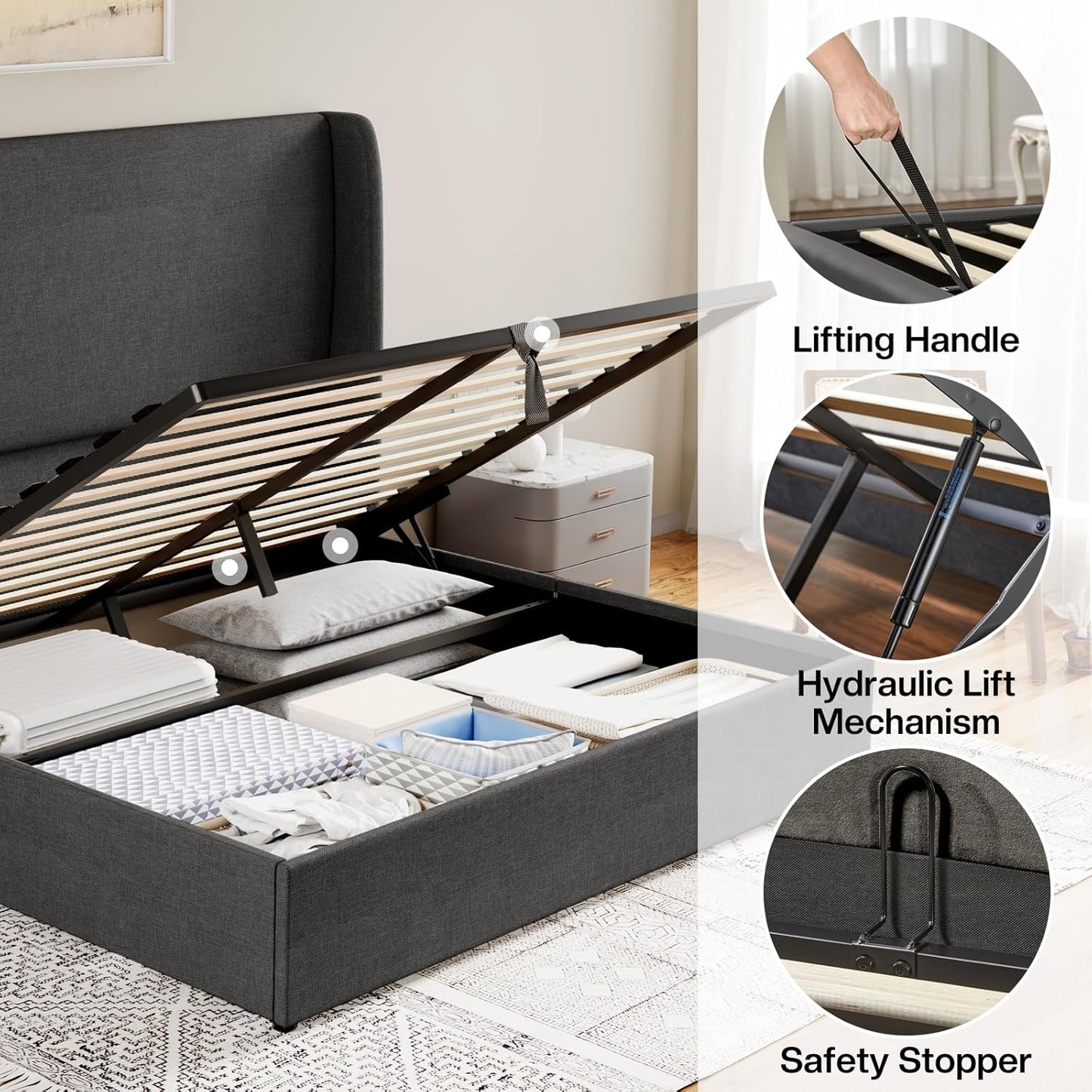Jocisland Lift Up Storage Bed Queen Size Linen Upholstered Platform Bed Frame/Hydraulic Storage/Modern Wingback Headboard/No Box Spring Needed/Wood Slats Support/Dark Grey