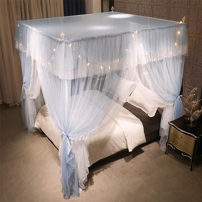 VETHIN 4 Corners Post Ruffle Princess Bed Canopy Curtain-Double Layer Cozy Drape Netting 4 Opening Mosquito Net for Girls Adults Bedroom Decoration (Gray/White,64" W*82" L*82"*H/Queen)