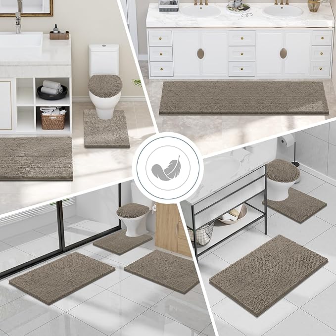 Smiry Luxury Chenille Bathroom Rugs 30x20, Extra Soft and Absorbent Shaggy Bath Mat, Machine Washable, Non-Slip Plush Carpet Runner for Tub, Shower, and Floor, Home Decor Accessories, Latte