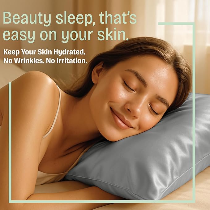 Satin Pillowcase with Zipper, for Hair and Skin Care, Feels Soft and Cool Like a Silk Pillowcase, Satin Pillow Cases 2 Pack, Slik Pillow Cover, Grey, King Size, Set of 2