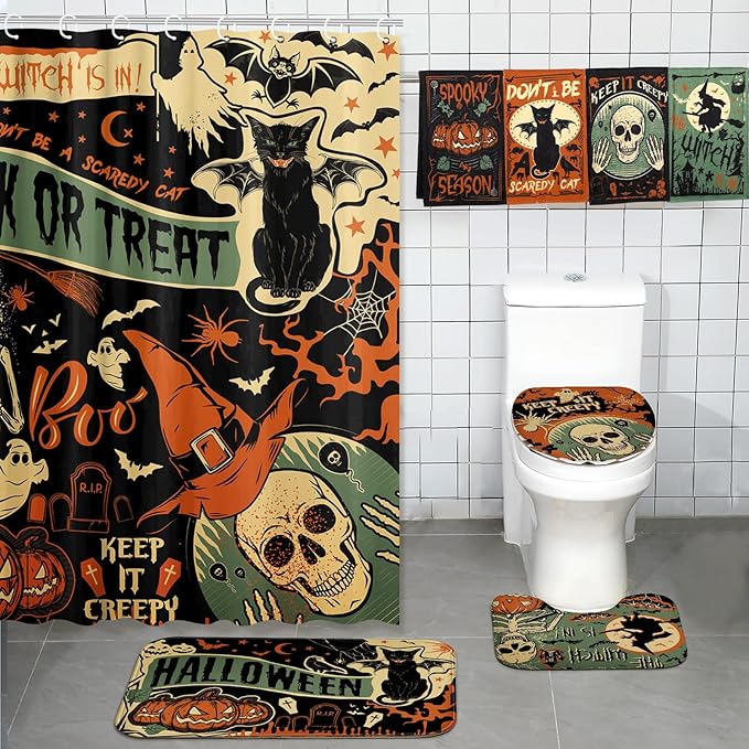 8 Pcs Halloween Shower Curtain Set for Bathroom Include Vintage Ghost Pumpkin Bat Cat Towels Non Slip Skull Rugs Toilet Lid Cover Spider Web Bath Mat and 12 Hooks for Halloween Bathroom Decor