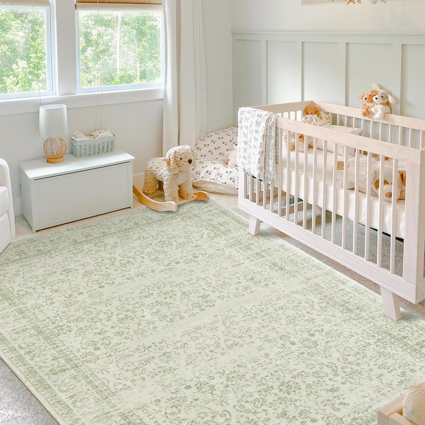 Nursery Rug for Baby Girl Boy,Washable Floral Print Sage Green Boho Area Rugs 6x9,Light Green