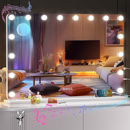 36''X24'' Hollywood Vanity Mirror with Lights, with Bluetooth Speaker, 3 Color Lighting Modes & Stepless Dimming, USB & Type-C Charging Port, 5X Magnification