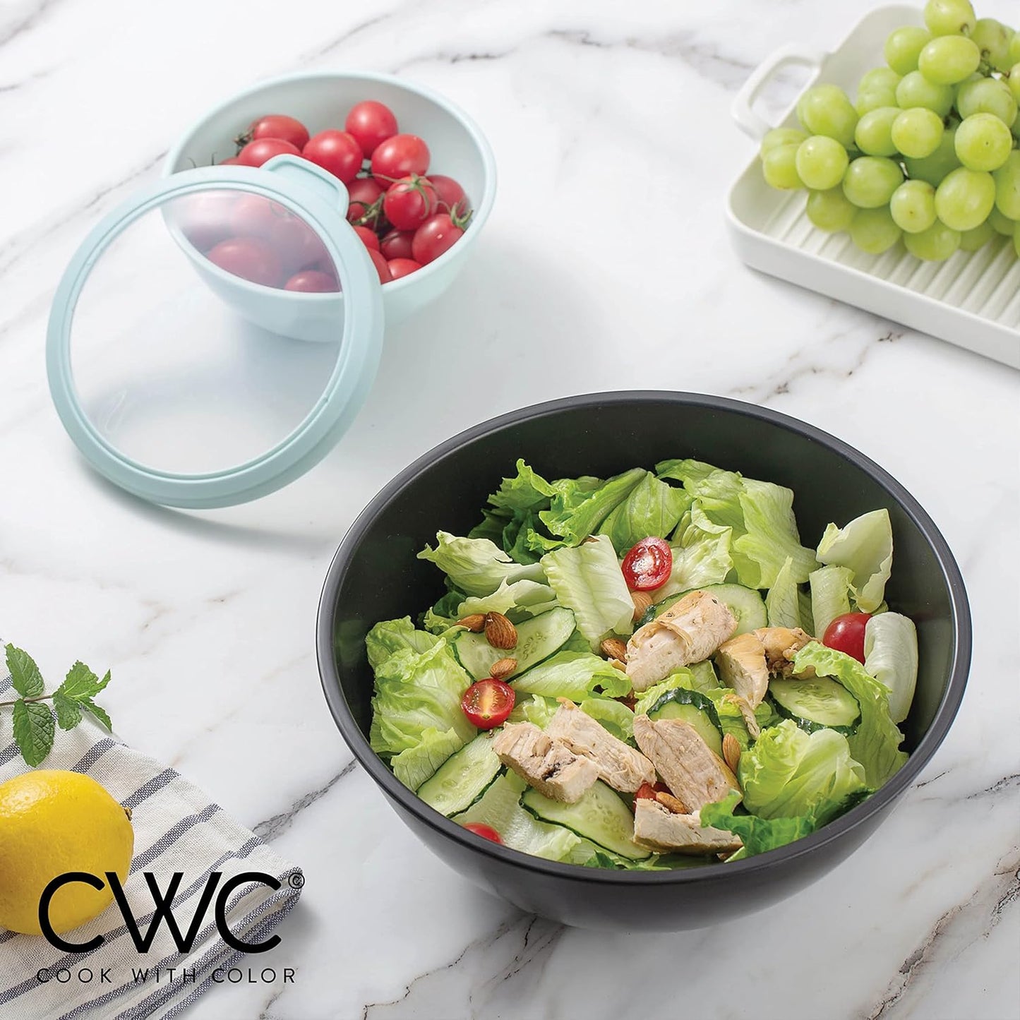 COOK WITH COLOR Mixing Bowls with TPR Lids - 12 Piece Plastic Nesting Bowls Set includes 6 Prep Bowls and 6 Lids, Microwave Safe Mixing Bowl Set (Mint)