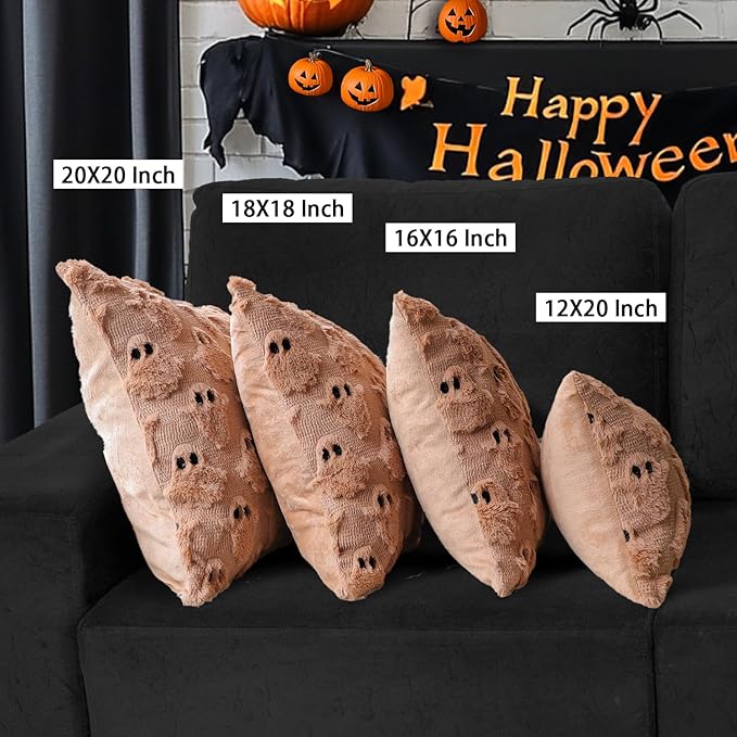 4TH Emotion Halloween Ghost Decorative Lumbar Pillow Covers 12x20 Set of 2, Light Brown Soft Plush Faux Fur Farmhouse Throw Cushion Cases for Fall Autumn Holiday Home Decorations
