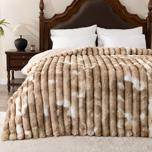 Throw Blanket for Couch - 90" x 90" Faux Rabbit Fur Throw Blanket Cozy Soft Warm Blankets for Bed Sofa Bedroom Living Room Fluffy Striped Blankets for Fall Winter, Home Decor, Brown