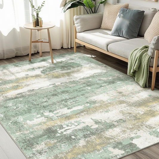 Area Rugs 6x9 for Living Room Bedroom, Modern Abstract Machine Washable Large Light Green Rug Soft Rug, Low Pile Floor Carpet with Non Slip Backing for Dining Room