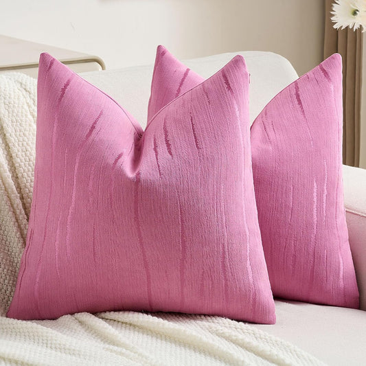 FUTEI Hot Pink Chenille Decorative Throw Pillow Covers 16x16 Inch Set of 2,Soft Embossed Striped Textured Cushion Case,Modern Home Decor for Couch Bed Living Room