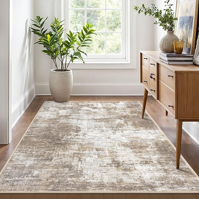 IOHOUZE Abstract Area Rug 4x6 Ft Washable Rugs for Entryway Indoor, Non Slip Small Living Room Rugs Printed Faux Wool Throw Rug, Floor Carpet for Kitchen Nursery Playroom, Beige Brown