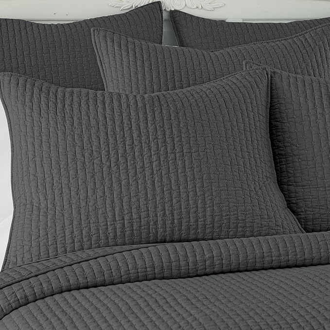 Levtex Home Cross Stitch Reversible Twin XL/Twin Quilt Set (68x86in) and 1 Pillow Sham (26x20in) - Stitch Texture - Charcoal - 0 Cotton Twin/Twin Size Quilt Bedding Set - Lightweight Soft Pre-Washed