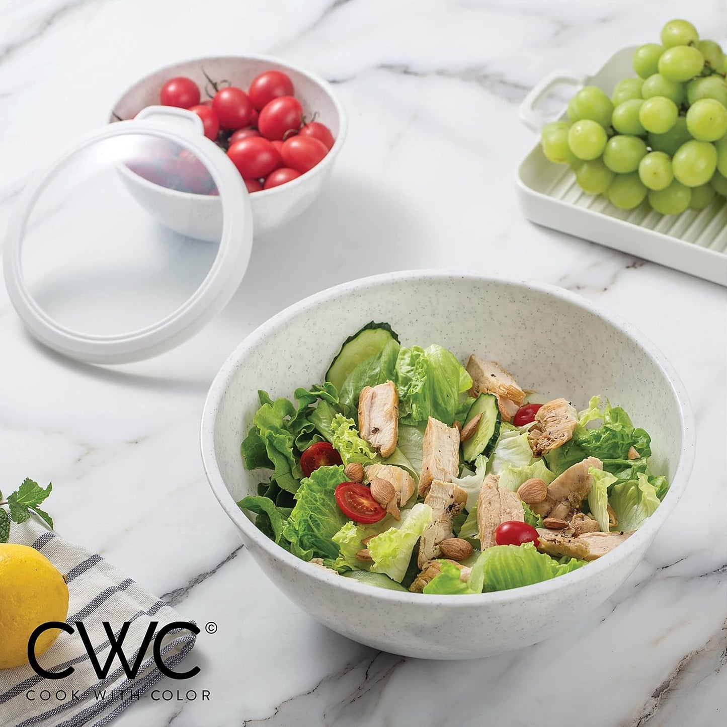 COOK WITH COLOR Mixing Bowls with TPR Lids - 12 Piece Plastic Nesting Bowls Set includes 6 Prep Bowls and 6 Lids, Microwave Safe Mixing Bowl Set (Speckled White)