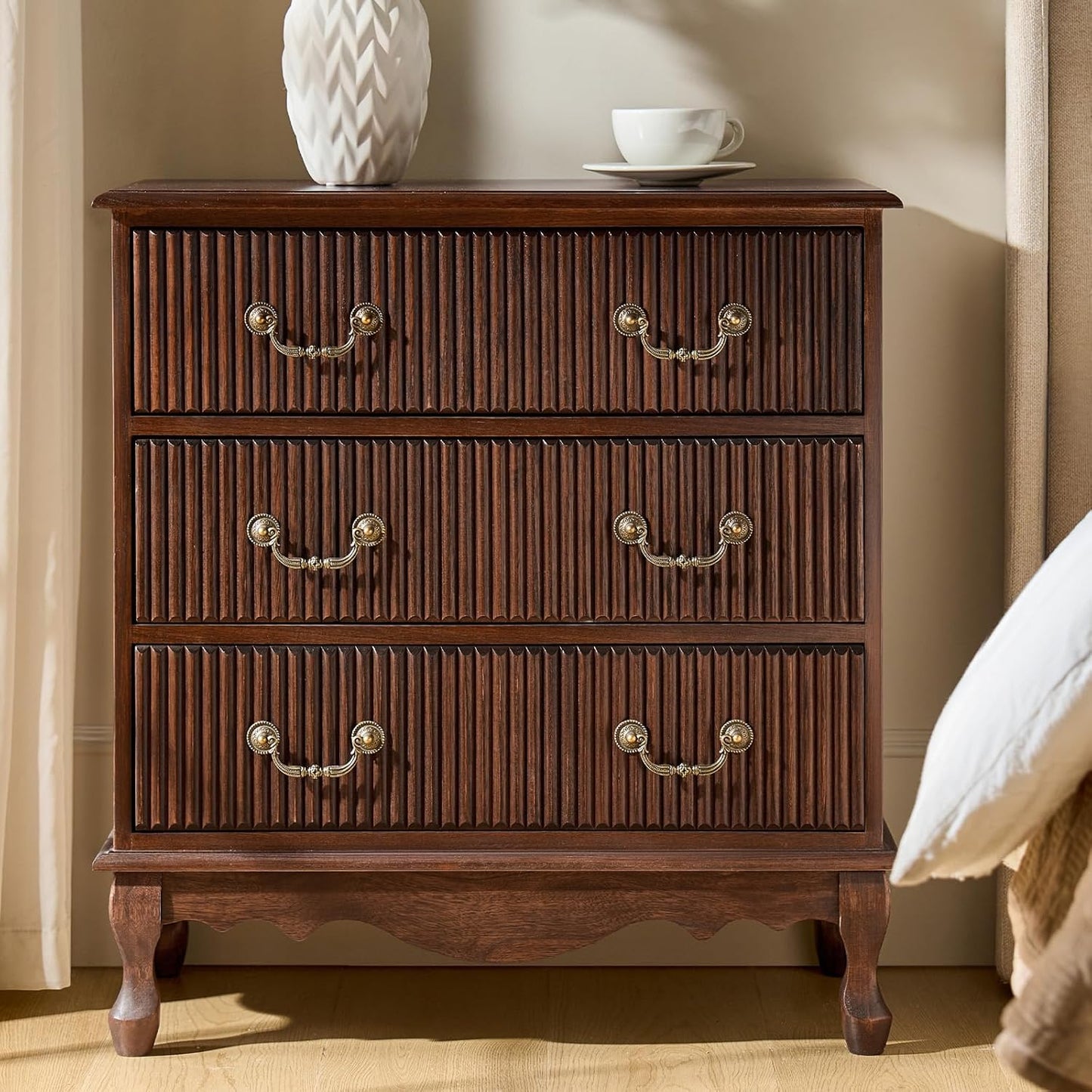 HULALA HOME Transitional Nightstand with 3 Drawers and Charging Station, 28" Solid Paulownia Wood Nightstand with Fluted Front Design, Walnut