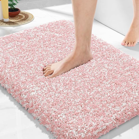 Yimobra Light Pink and White Bathroom Rugs Non Slip Washable 24x17, Ultra Soft and Water Absorbent Bath Mats, Plush Fluffy Shower Mat Outside, Microfiber Thick Matts for Bathroom Floor/Sink