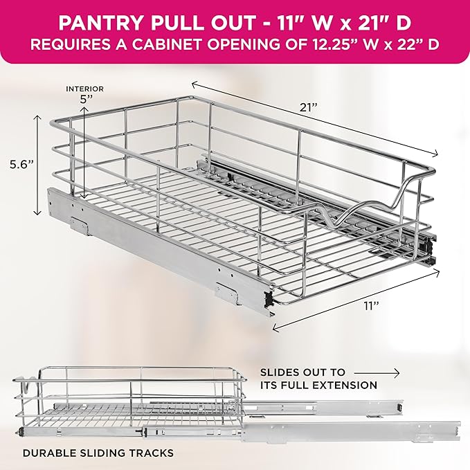 HOLDN’ STORAGE Pull Out Cabinet Organizer, Individual Sliding Drawers - Heavy Duty Metal with Lifetime Limited Warranty - Anti Rust Chrome Finish (Single Tier, 11" W)