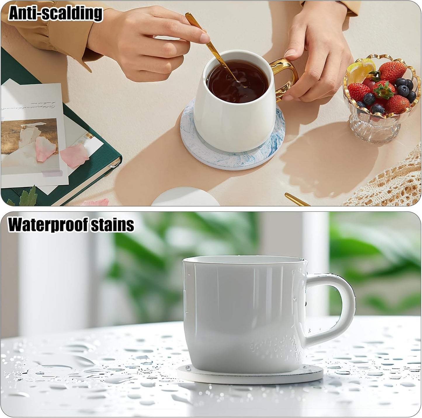 Coasters for Drinks Set of 4, Absorbent Abstract Light Blue Marble with Metal Golden Holder, Ceramic Coaster Set Cup Mat for Home Decor, Bar, Kitchen, Party