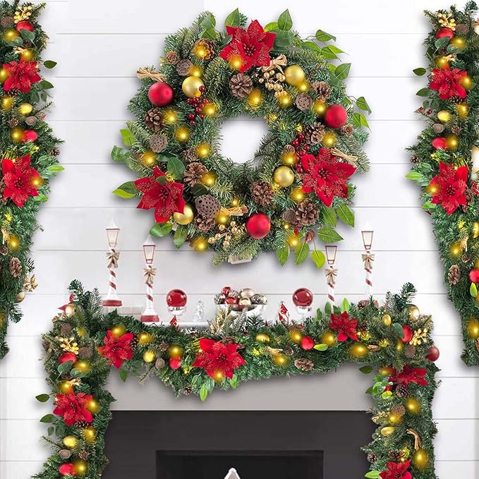 WANNA-CUL Pre-lit 6 Feet Christmas Garland with Lights for Front Door, Red Gold Ligthed Christmas Mantel Garland Decoration with Ball Ornaments,Dry Lotus, Battery Operated 30 LED