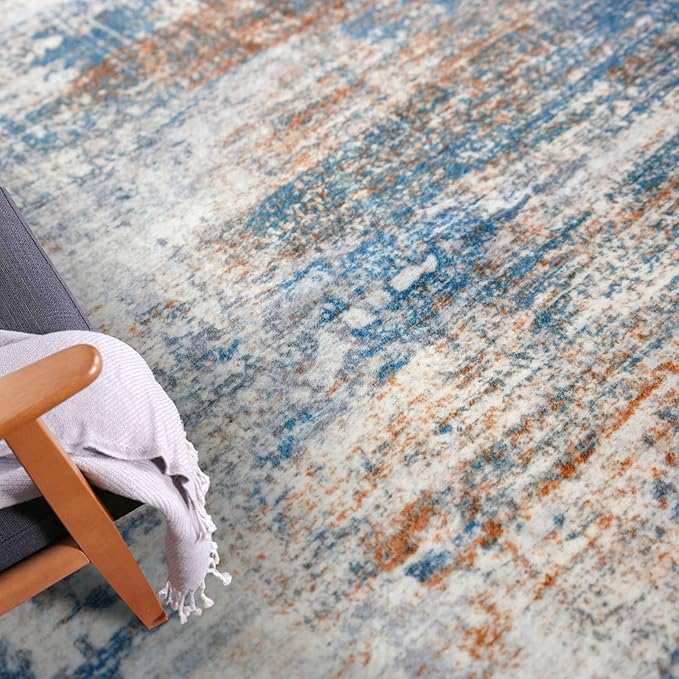 IOHOUZE Abstract Area Rugs 6x9 Ft Washable Rugs for Living Room, Non Slip Dining Room Rug, Printed Faux Wool Rugs for Bedroom, Floor Carpet for Office Nursery Playroom, Blue Rust