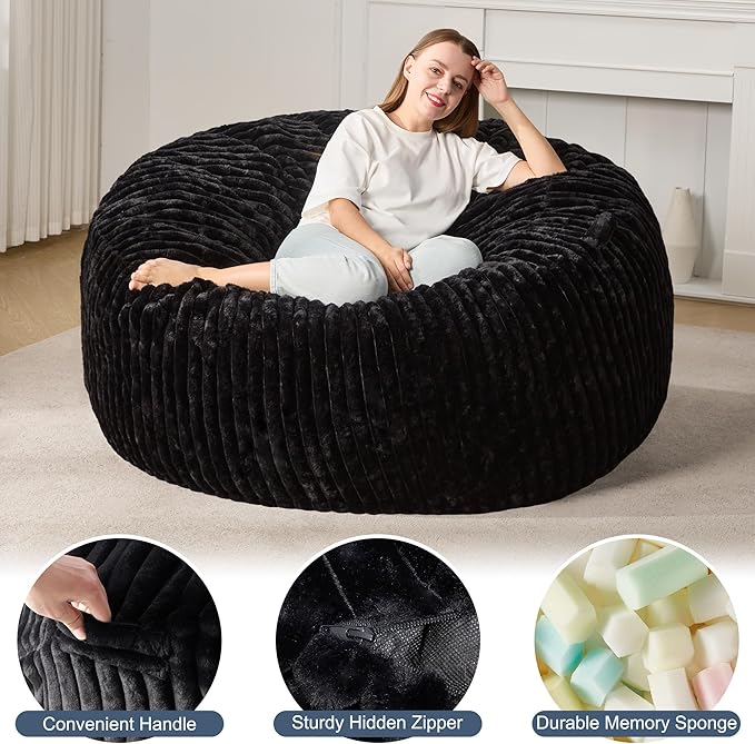 Hobestluk 5ft Bean Bag Chairs for Adults Large Beanbag Chair with Stripe Plush Cover Big Bean Bag Chair for Living Room Bedroom Dorm Office -Black (50” x 50” x 24”)
