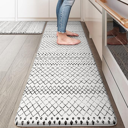 KIMODE Kitchen Mats 2PCS,Anti Fatigue Geometric Kitchen Rugs,Non Slip Waterproof Kitchen Mats for Floor,Cushioned Comfort Foam Standing Desk Mat for Home, Office, Sink,Laundry,Black and White