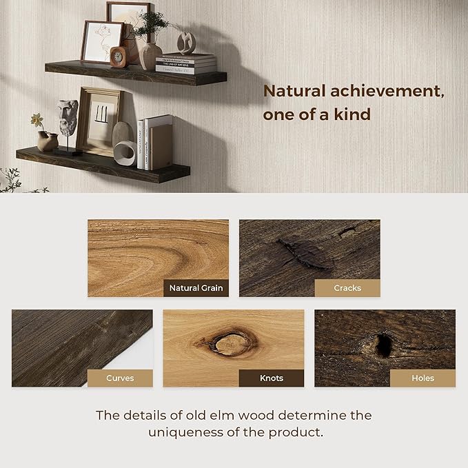 Rustic Wood Floating Shelves for Wall Decor, Elm Wood Shelves 48 Inch Long, 8 Inch Deep Floating Shelf for Living Room Bathroom Bedroom Kitchen, 48 x 8 Wall Shelves Set of 1, Walnut Color