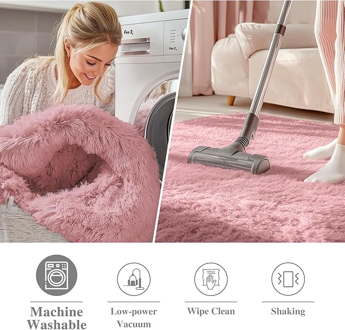 OLANLY Pale Pink Round Rugs for Bedroom - Machine Washable, 6 ft Circle Area Rugs for Living Room, Soft and Fluffy Shaggy Carpet for Teen Girls and Boys, Nursery Rooms, Dorms, Home Decor Aesthetic