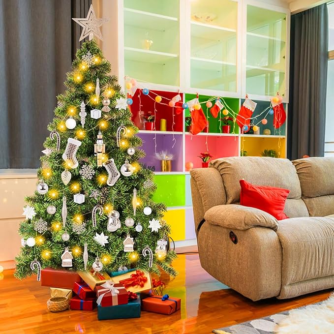 5ft Artificial Christmas Tree with Lights and Ornaments, Prelit Xmas Tree with Hanging Balls (8 Modes) for Home Holiday Decoration, Champagne+White