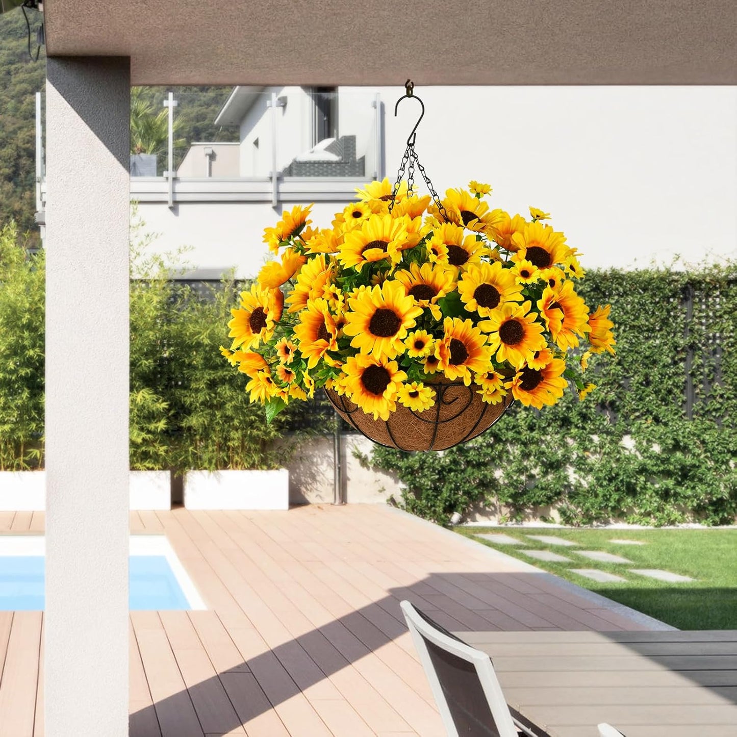 Homsunny Artificial Sunflowers Fake Hanging Flowers Plants Baskets for Outdoor Fall Decoration, Faux Silk Flowers Look Real UV Resistant for Porch Patio Garden Autumn Home Decor