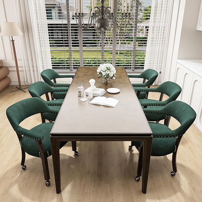 MODERION Dinning Chairs with Wheels and Arms Set of 6, Solid Wood Office Desk Chairs with Frosted Velvet Upholstered, Classic Swivel Accent Chairs, 31.5" H Boss Caption's Chair, Sea Green XXY-HT22-SG