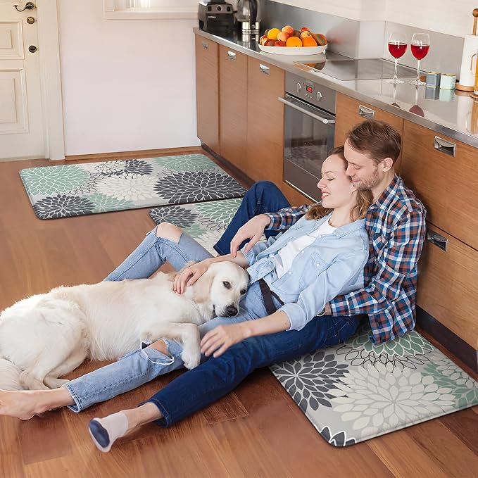 KIMODE Cushioned Anti Fatigue Rugs Sets of 2, Ergonomic Standing Kitchen Mat 2PCS, Boho Kitchen Mats for Floor Stain Resistant, Non Slip Kitchen Sink Rug Waterproof, 20"x32"+20"x47", Teal