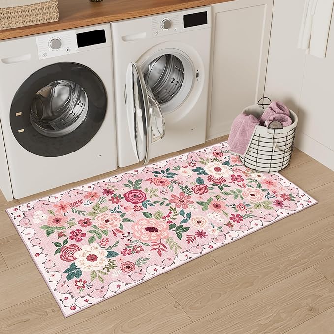 DUKINO 2x5 Runner Rug for Hallway, Washable Kitchen Floral Runner Rug with Non Slip Backing, Low Pile Soft Boho Carpet for Kitchen, Hallway, Entryway, Laundry, Bedroom, Pink
