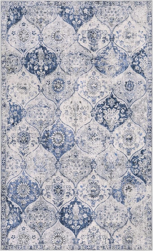 Lahome Moroccan Trellis Washable Small Area Rug, 3x5 Area Rug for Bedroom Living Room, Non-Slip Oriental Accent Throw Carpet for Kitchen Office Entryway Bathroom Office, White/Royal Blue