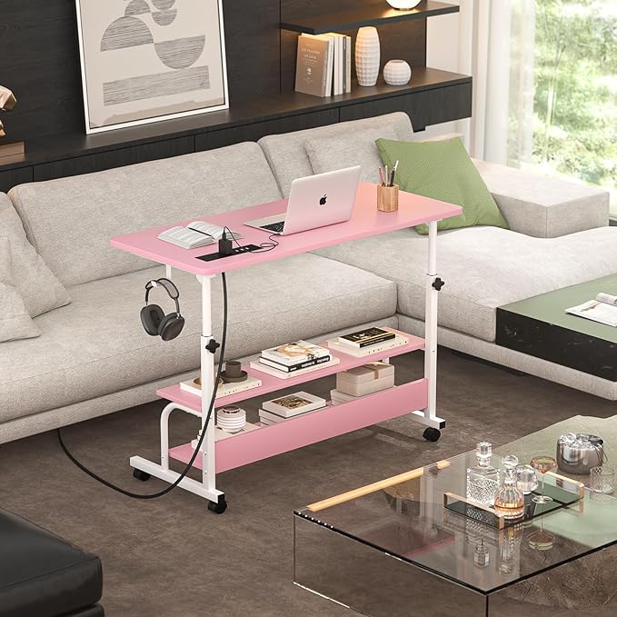 Armocity Height Adjustable Standing Desk with Power Outlets, 32" Manual Stand Up Desk with Storage Shelves Small Mobile Rolling Computer Desk Portable Laptop Table with Wheels for Home Office, Pink