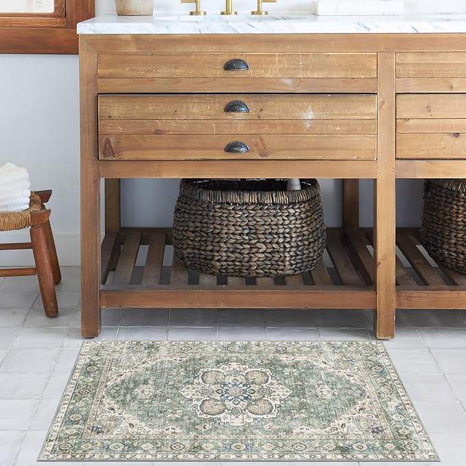 2x3 Rugs for Entryway - Washable Doormat Ultra-Thin Sage Green Oriental Non-Slip Kitchen Rugs Boho Tribal Low-Pile Floor Carpet Vintage Throw Rug for for Indoor Front Entrance Bathroom