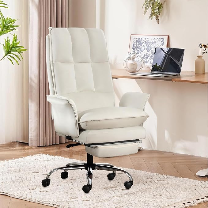 High Back Office Chair, Velvet Shaking Home Office Chairs with Double Layer Cloud Cushion and Retractable Footrest, Adjustable Backrest Women Office Chair, Makeup Chairs for Bedroom (Beige)
