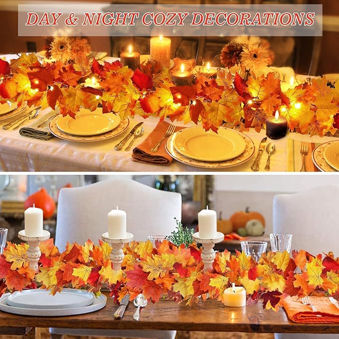 2 Pack Fall Decor Maple Leaves Garland with Lights Battery Operated Fall Thanksgiving Decorations Garland for Home Porch Front Door Table Mantle Outdoor Autumn Harvest Halloween Decor, 11.8Ft 40LED