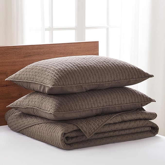 Levtex Home Cross Stitch Reversible Twin Bedspread Set (84x104in) with 1 Pillow Sham (26x20in) - Stitch Texture - Cocoa - Cotton Twin Size Bedspread Set - Lightweight, Soft, Pre-Washed
