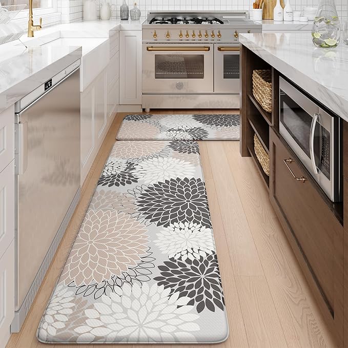 KIMODE Anti Fatigue Kitchen Mats for Floor, Boho Floral Kitchen Rugs Sets of 2, Non Slip Waterproof Kitchen Floor Mats, Memory Foam Kitchen Mat for Sink, Laundry, Office, Desk Pink 20"x47"+20"x32"