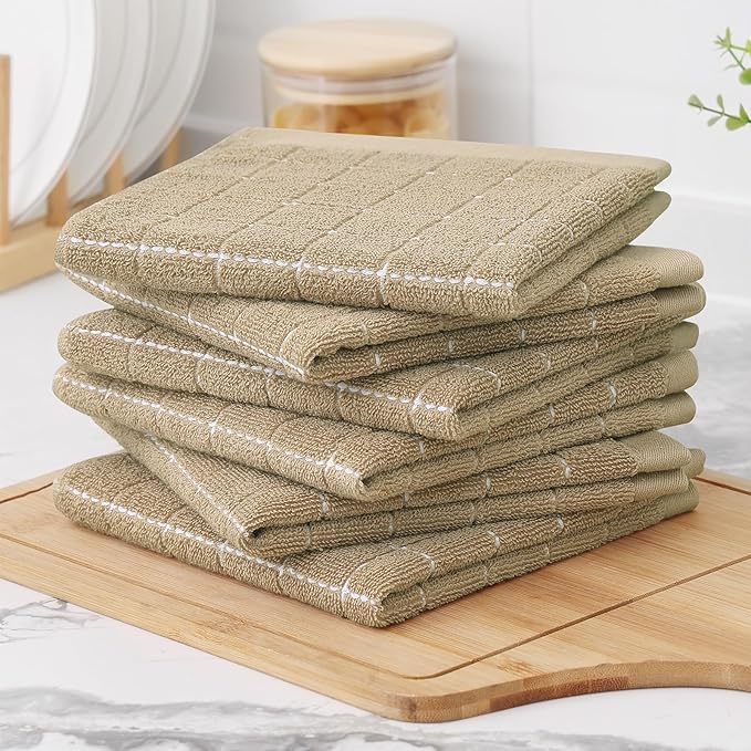 Homaxy 100% Cotton Terry Kitchen Dish Cloths, Ultra Soft and Absorbent Dish Towels for Kitchen, Perfect for Drying and Washing Dishes, 6 Pack, 12 x 12 Inches, Tan